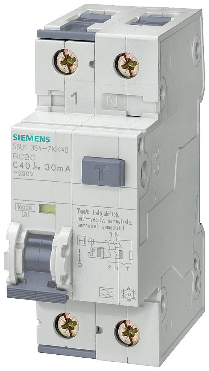 Ein Siemens FI/LS-Schalter mit der Bezeichnung RCBO C40 leitet Strom bei 230V. Er schützt Stromkreise durch Fehlerstromabschaltung.