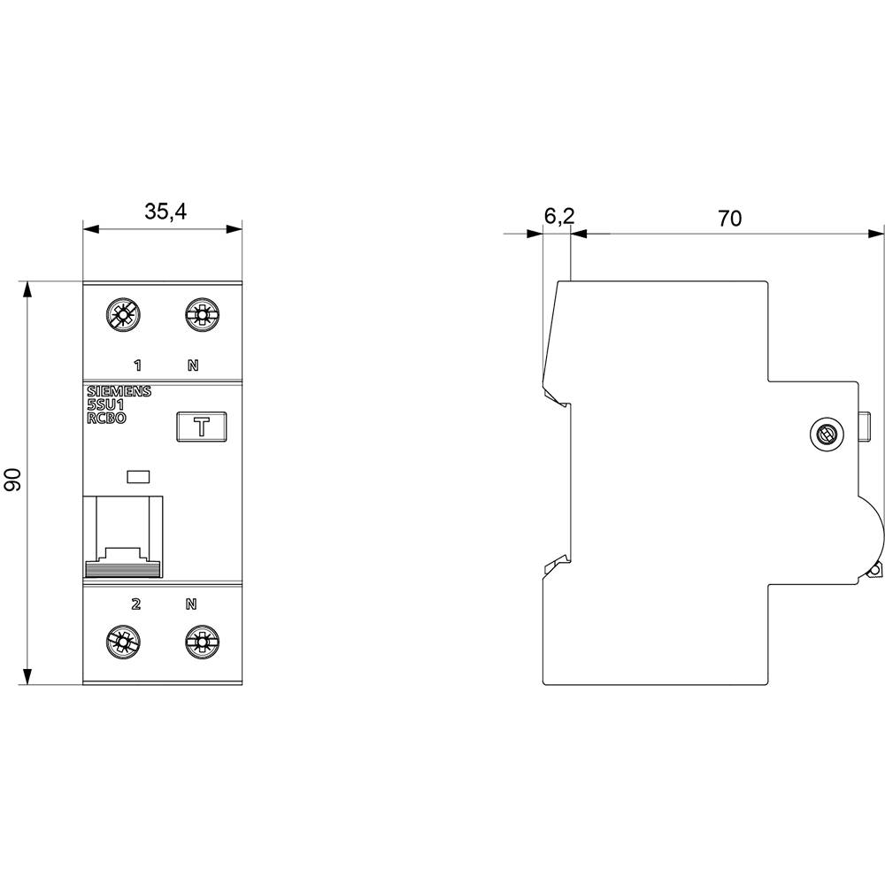 Technische Zeichnung eines elektrischen Schalters mit Bemaßungen: Breite 35,4 mm, Tiefe 70 mm und Höhe 90 mm. Montageansicht von vorne und seitlich.