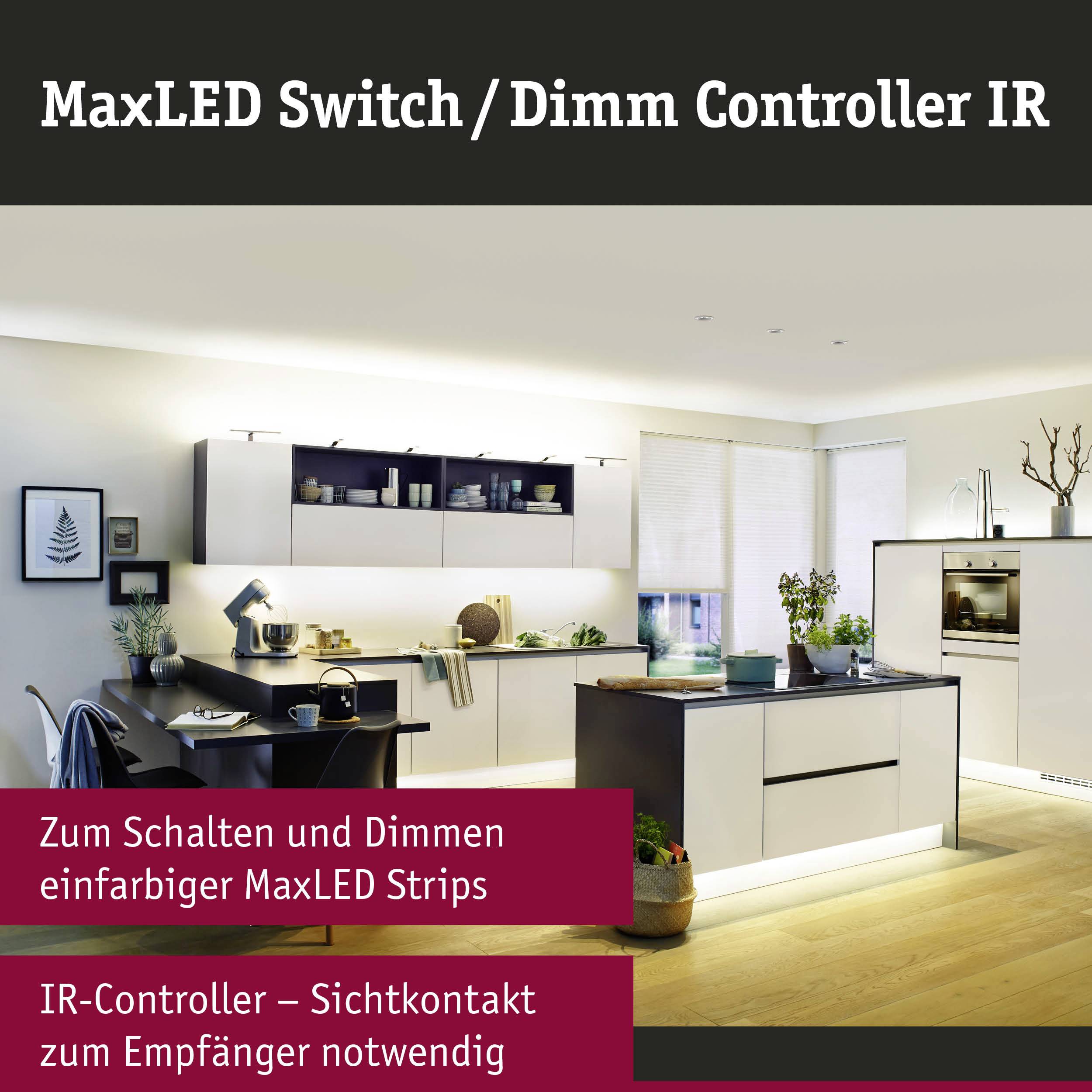 Beleuchtetes modernes Wohnzimmer mit Kücheninsel. Text: 'MaxLED SWITCH / Dimm Controller IR'. Beschreibung der Steuerungsfunktion für LED-Streifen.