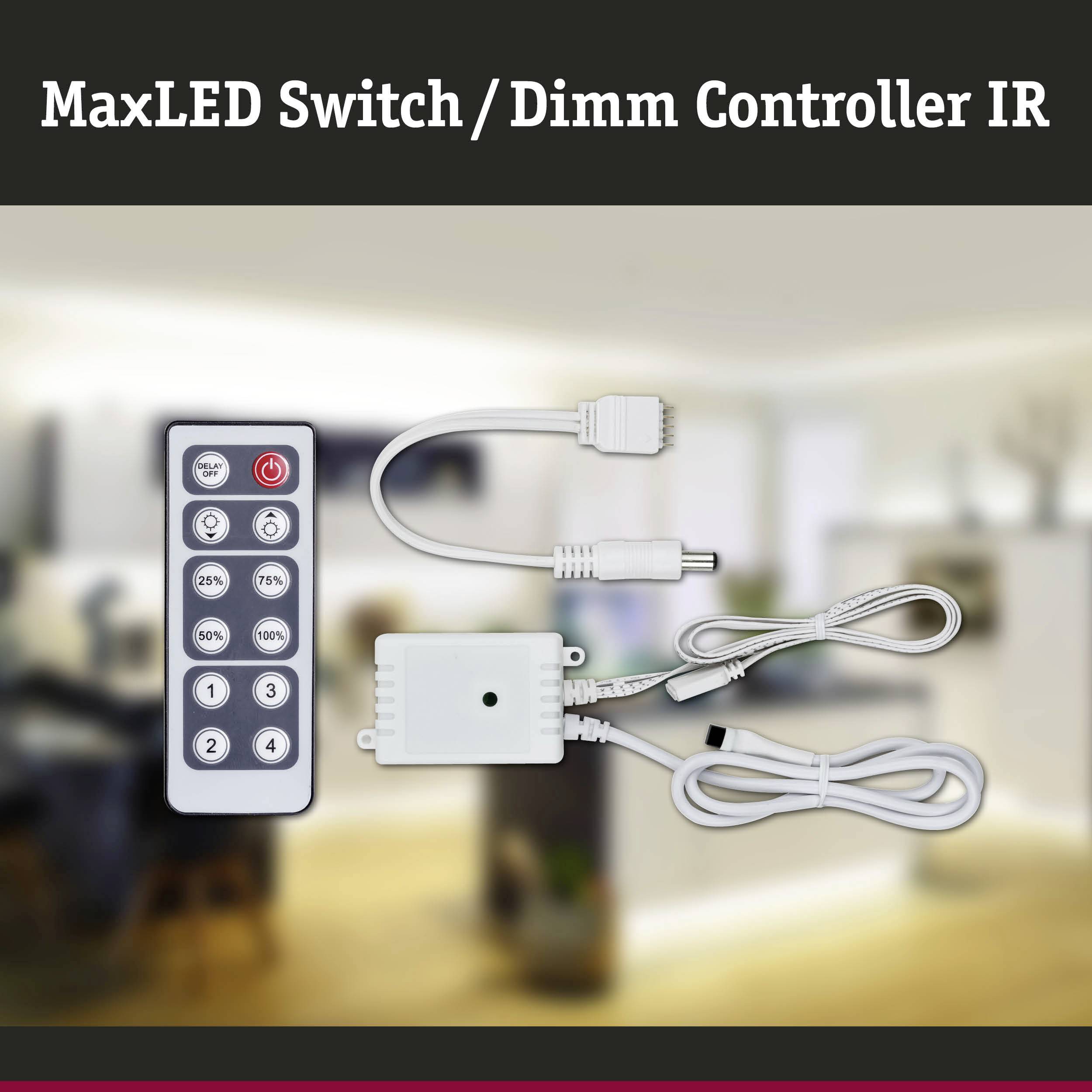 Eine Fernbedienung und Dimmer-Controller-Set für MaxLED-Leuchten vor verschwommenem Hintergrund in einem Wohnraum.