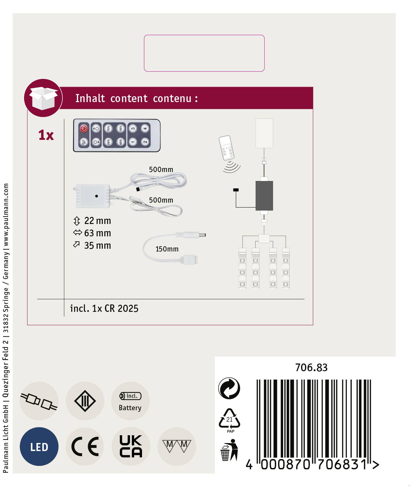 Inhalt: Fernbedienung, Batterien, LED-Controller, Verbindungskabel, Bedienungsanleitung, Etikett mit Barcode und Sicherheitshinweisen.