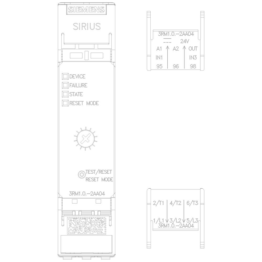 Technische Zeichnung eines Siemens SIRIUS Geräts mit Vorderansicht und Anschlussdiagramm, zeigt Schaltkreis und Anschlussdetails.