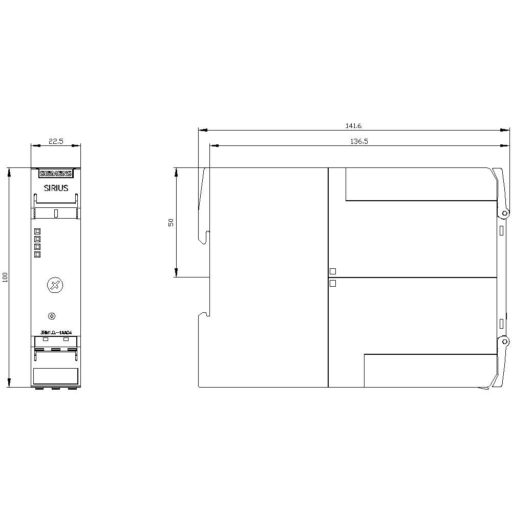 Zwei technische Zeichnungen eines Geräts mit Maßen in Millimetern: 22,5 mm Breite, 100 mm Höhe, 136,5 mm Länge; zeigt Vorder- und Seitenansicht.