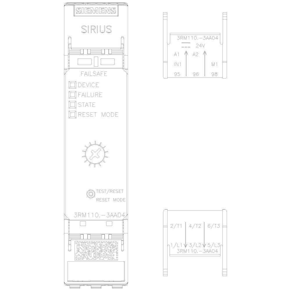 'SIMATIC SIRIUS 3RM110-3AA04' Steuergerät, zeigt graphisch Failsafe-Status, Testfunktion und technische Spezifikationen in technischer Zeichnung.