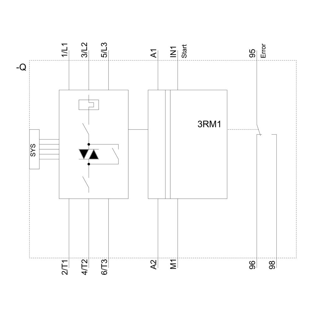 Schaltplan eines elektrischen Relais 3RM1 mit Anschlüssen 1L1, 3L2, 5L3, Notstrom-In, Start, Error und SYS-Verbindungen.
