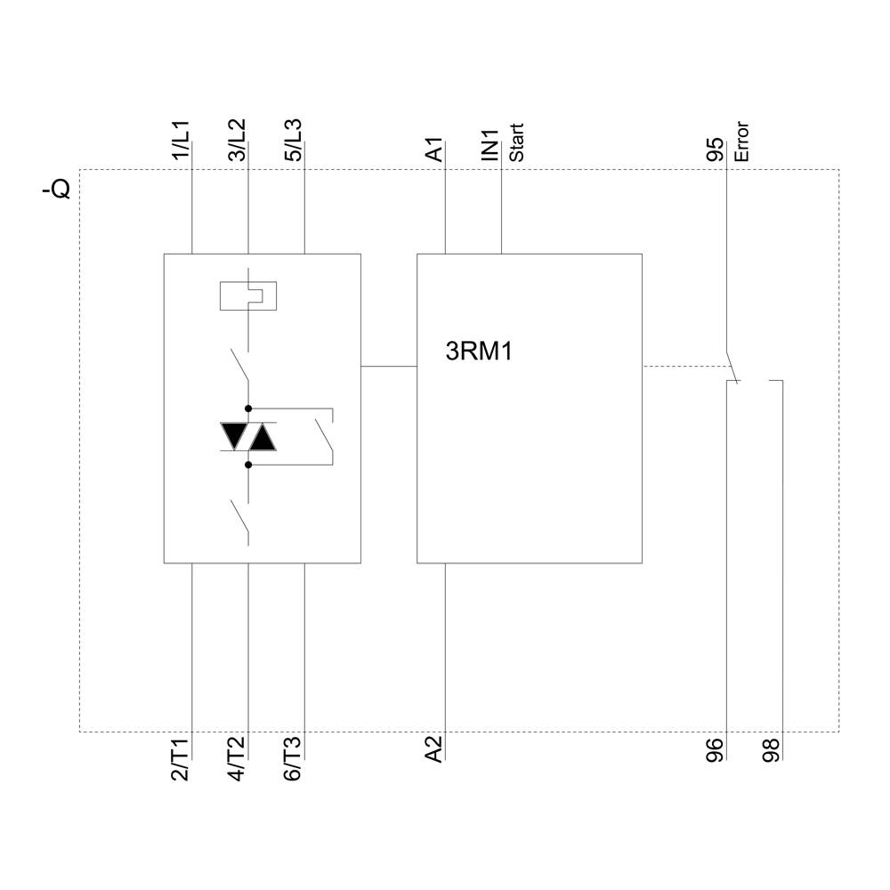 Schematische Darstellung eines elektrischen Schaltplans mit einem Relais, beschriftet als 3RM1, und seinen Eingängen und Ausgängen für Start und Fehler.