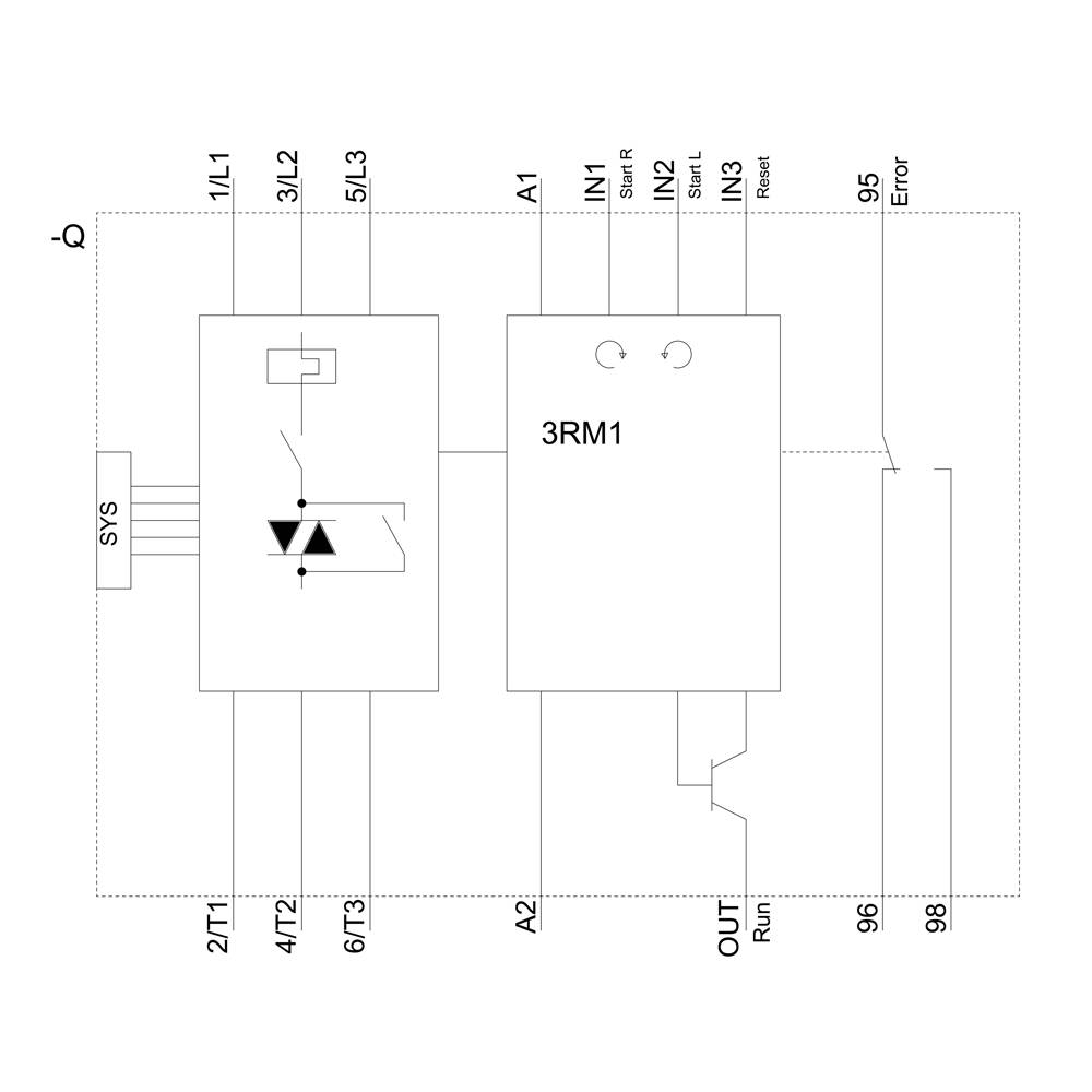 Schaltplan eines Sicherheitsrelais: zeigt Eingänge 1L1, 3L2, 5L3 und Ausgänge 2T1, 4T2, 6T3. Funktionen: Reset, Error, Run.