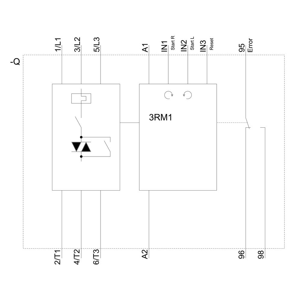 Schaltschema für 3RM1-Motorstarter mit Anschlüssen: L1, L2, L3 oben links; T1, T2, T3 unten links; und Steuerung A1, A2 rechts.