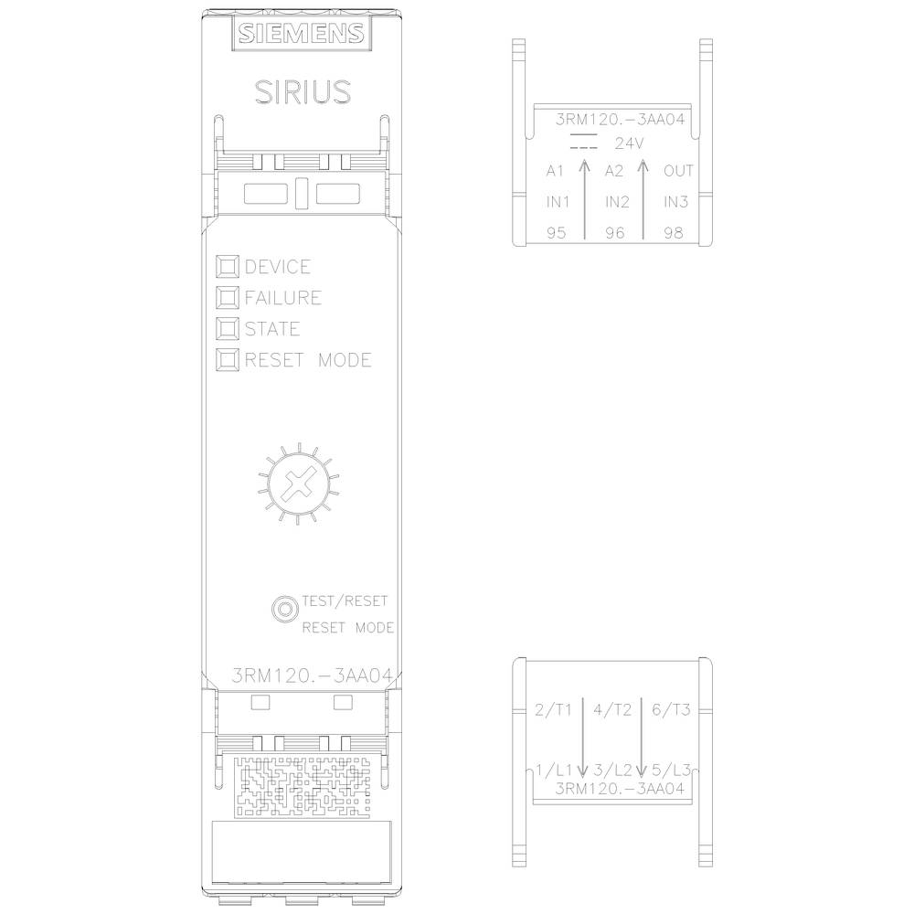 Elektrischer Schaltplan eines Siemens Sirius Relais. Zeigt Anschlüsse, Spannungsangaben und Tasten mit Beschriftungen wie 'DEVICE', 'FAILURE'.