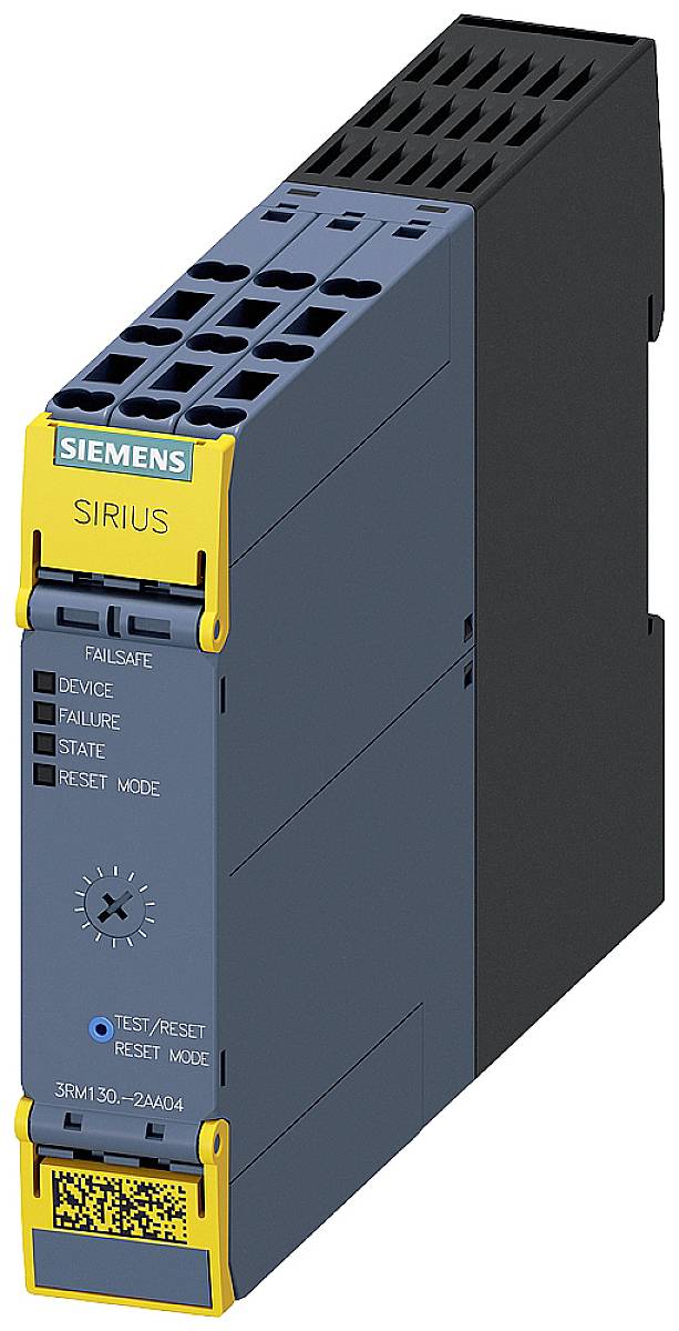 Ein Siemens Sirius Modul mit Beschriftung 'Failsafe', zeigt Optionen: 'Device', 'Failure', 'State', 'Reset', mit einem Drehschalter.