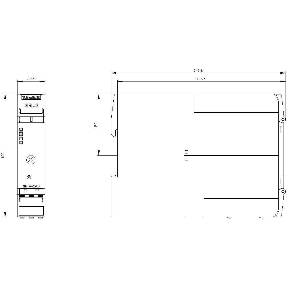 Technische Zeichnung eines elektronischen Bauteils mit detaillierten Abmessungen: Breite 22,5 mm, Höhe 130 mm, Tiefe 141,6 mm.