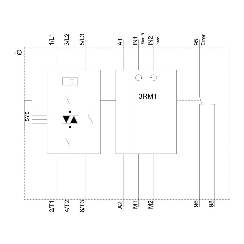 Schematische Darstellung einer elektrischen Schaltung mit Relais 3RM1, Anschlüssen und Verbindungen. Pfeile zeigen Fluss der Elektrizität.