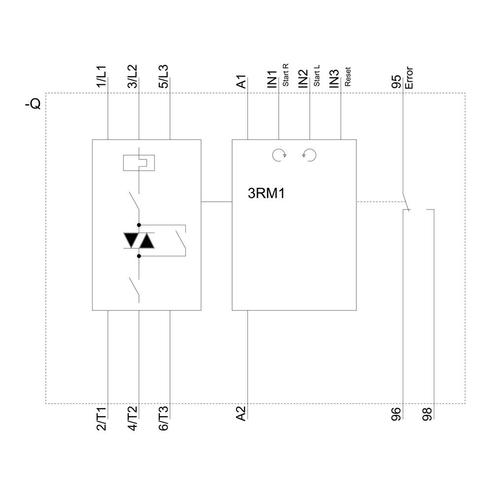 Schaltplan eines Systems mit Steuerrelais 3RM1 und Schütz, Anschlüsse 1L1, 3L2, 5L3, 1T1, 2T1, 3T2, 5T3, 6T3, Eingänge IN1, IN2, IN3.