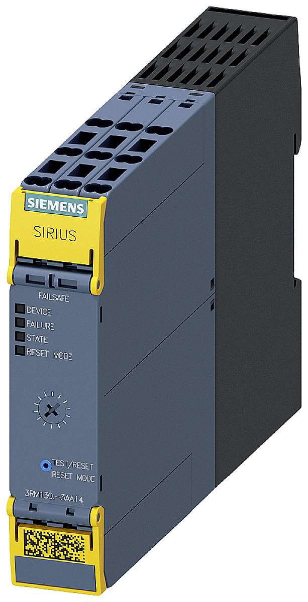 Elektronisches Sicherheitsrelais, Siemens Sirius, Failsafe-Modul, seitlicher Drehschalter, gelbe und blaue Gehäuseteile.