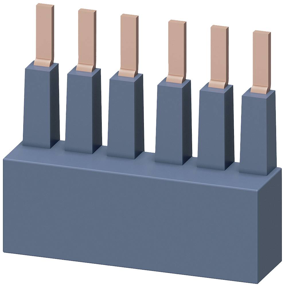 3D-Darstellung eines vertikalen Steckverbinders mit sechs Kupferstiften, die aus einer blauen Basis herausragen.