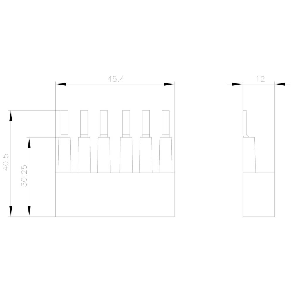 Technische Zeichnung eines Steckverbinders mit Maßangaben: Breite 45,4 mm, Höhe 40,5 mm, Tiefe 12 mm; Detailansicht der Pins.