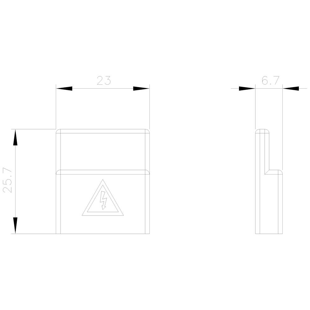 Technische Zeichnung eines rechteckigen Bauteils mit Maßen 23 x 6,7 x 25,7 mm, Warnsymbol für elektrische Spannung.