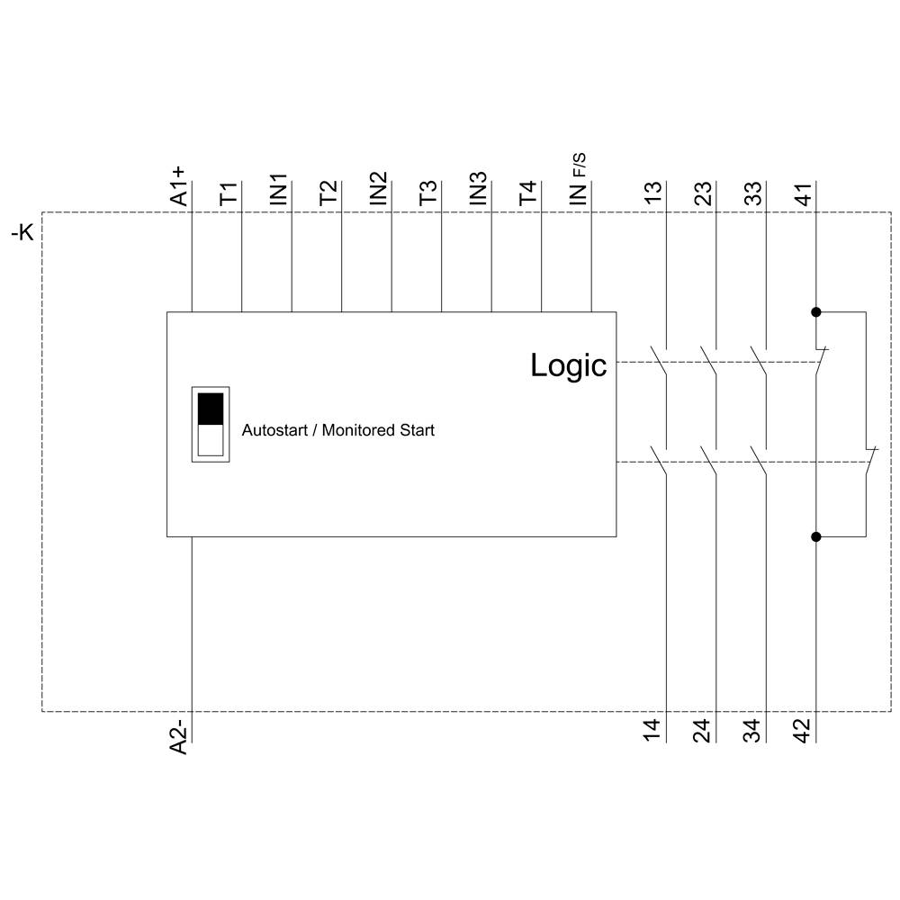 Schaltplan eines logischen Schaltgeräts mit Eingängen T1 bis T4, IN1, IN2, und Ausgängen 13, 14, 23, 24, 33, 34, 41, 42. Umschaltfunktion dargestellt.