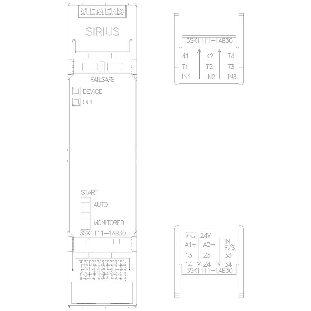 'SIEMENS SIRIUS' Schaltgerätdiagramm. Zeigt Anschlüsse, Modus- und Überwachungsanzeigen. Details zu Anschlussklemmen und Steuerung.