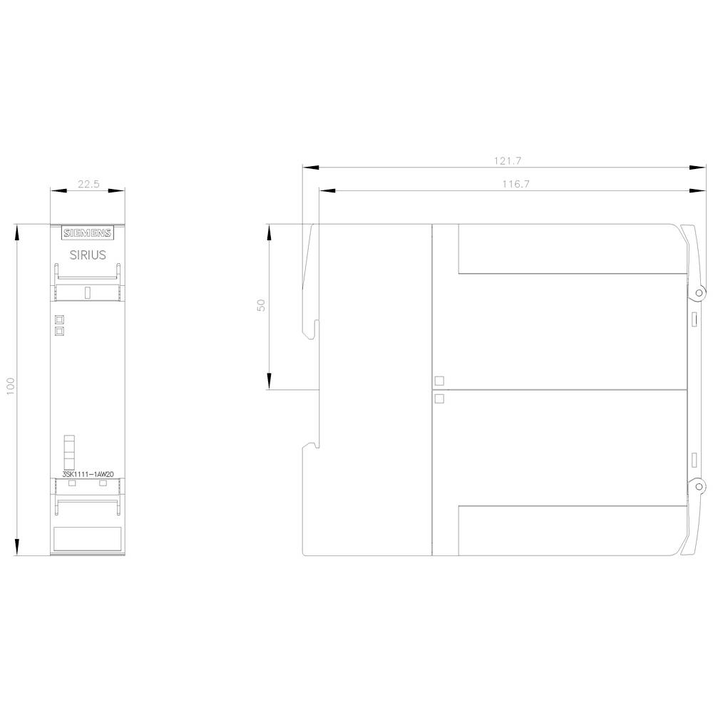 Technische Zeichnung eines elektrischen Geräts mit Maßen: 100x22,5 (links) und 121,7x116,7 (rechts). Gerät beschriftet mit 'SIRIUS'.