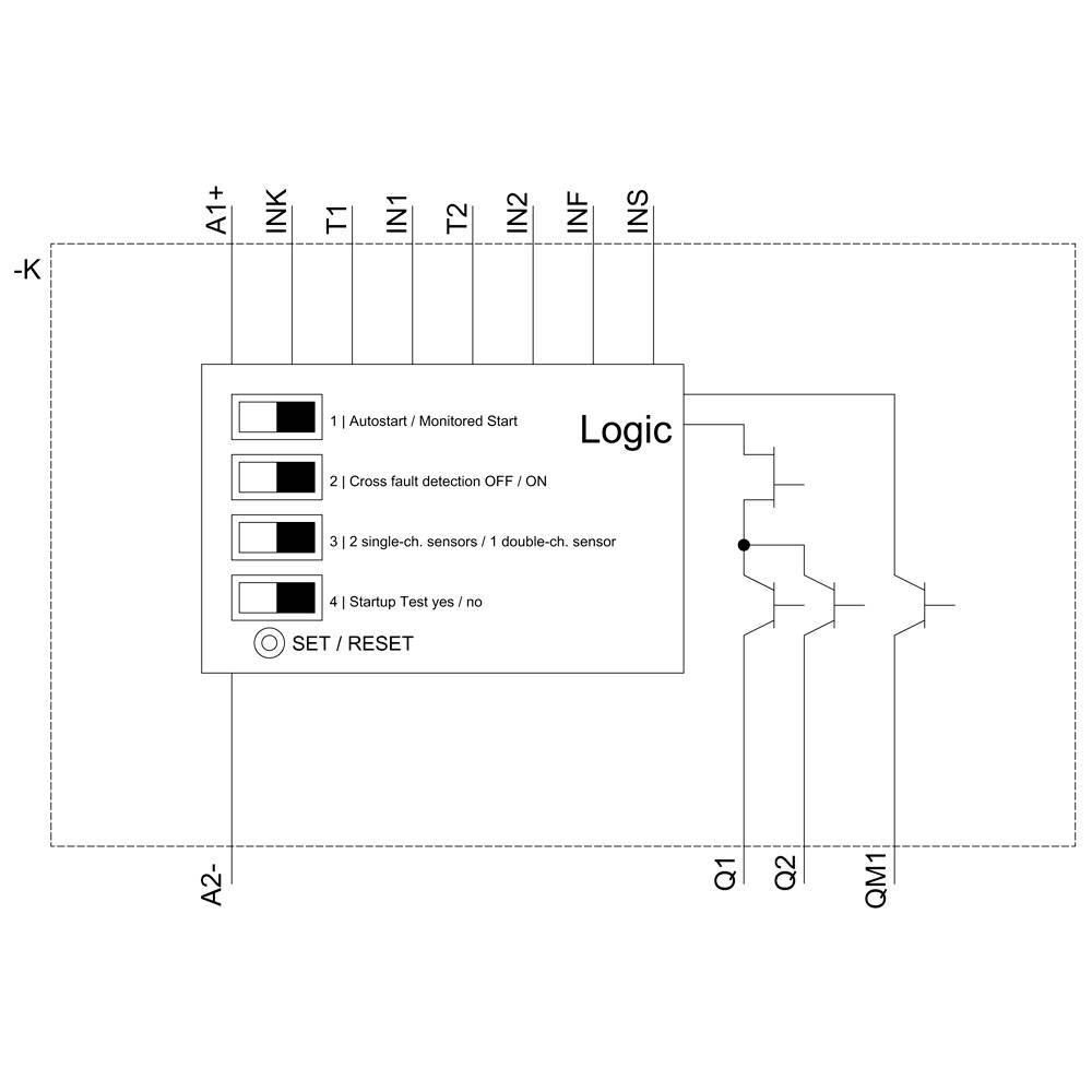 Logikdiagramm mit Steueranschlüssen T1 bis T3, Ein-/Ausgänge INK bis INS und Klemmen A1 bis A2. Auswahloptionen für Betriebsarten.