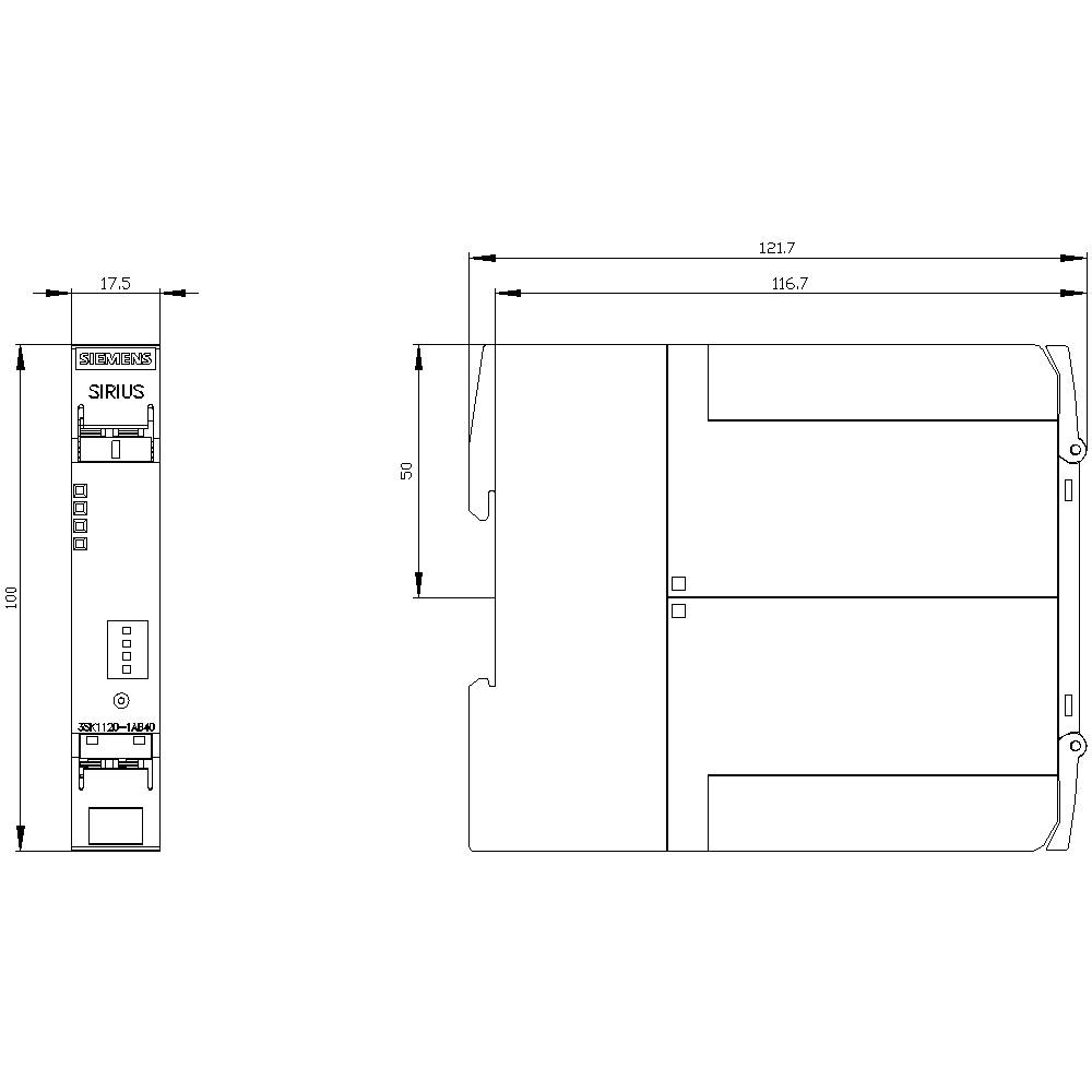 Technische Zeichnung eines SIRIUS Geräts mit Maßen: Höhe 100 mm, verschiedene Breiten: 121,7 mm und 17,5 mm.