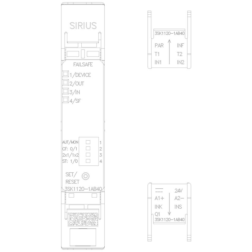 Ein Schaltplan eines SIRIUS-Sicherheitsmoduls. Es zeigt Anschlüsse und Funktionen wie 'Failsafe' und Reset-Optionen.
