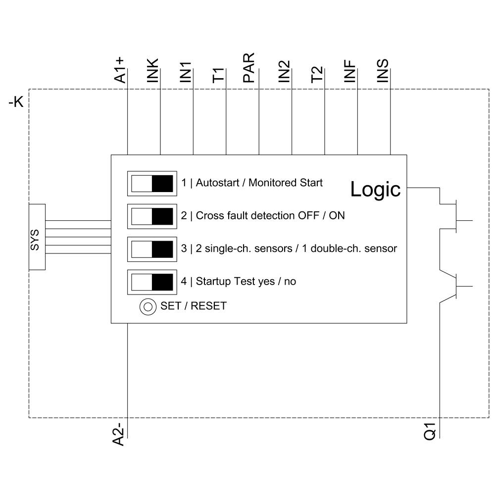 Diagramm eines Logikmoduls mit vier Eingangs-Optionen: Autostart, Querausfall, Einzel- oder Doppelkanal-Sensor und Starttest. Eingangs- und Ausgangsklemmen bezeichnet.
