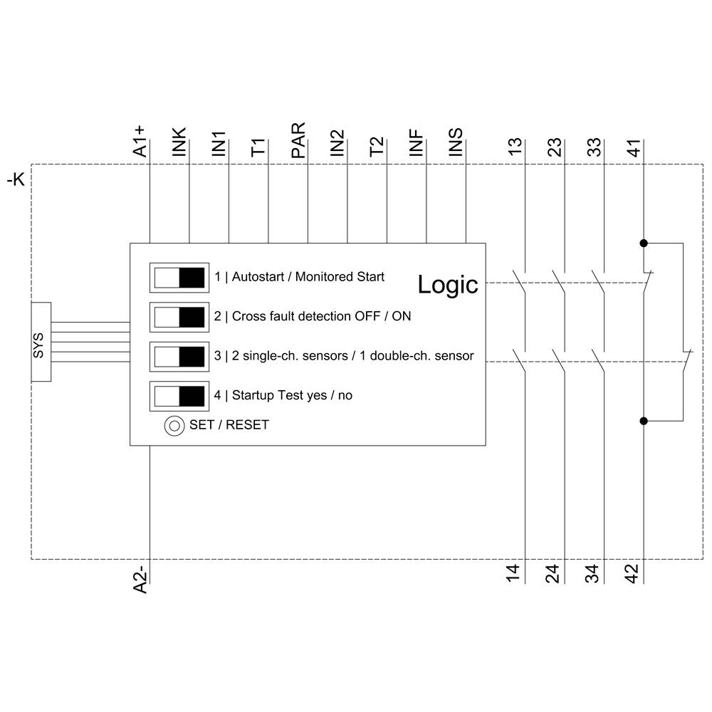 Diagramm zeigt ein Logikmodul mit vier Zustandsanzeigen: Autostart, Kreuzfehlererkennung, Sensoroptionen und Starttest. Verbindungen an 12 Eingängen.