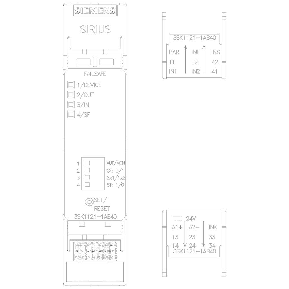 Technische Zeichnung eines Geräts der Marke Siemens mit der Bezeichnung 'SIRIUS', Modell '3SK1121-1AB40'. Enthält Details zu Anschlüssen und Funktionen.