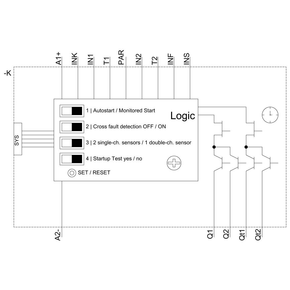 Das Diagramm zeigt ein Logikmodul mit Anschlüssen für verschiedene Sensoren und Schalter. Optionen: 'Autostart', 'Fehlererkennung', 'Sensor-Modi', 'Starttest'.