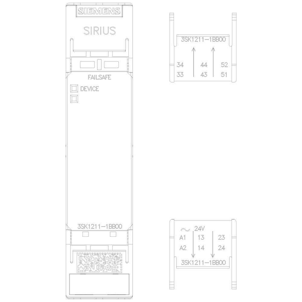 Abbildung eines Siemens SIRIUS 3SK1211-1BB00 Geräts. Zeigt die Vorder- und Seitenansicht mit den Beschriftungen 'FAILSAFE' und 'DEVICE'.