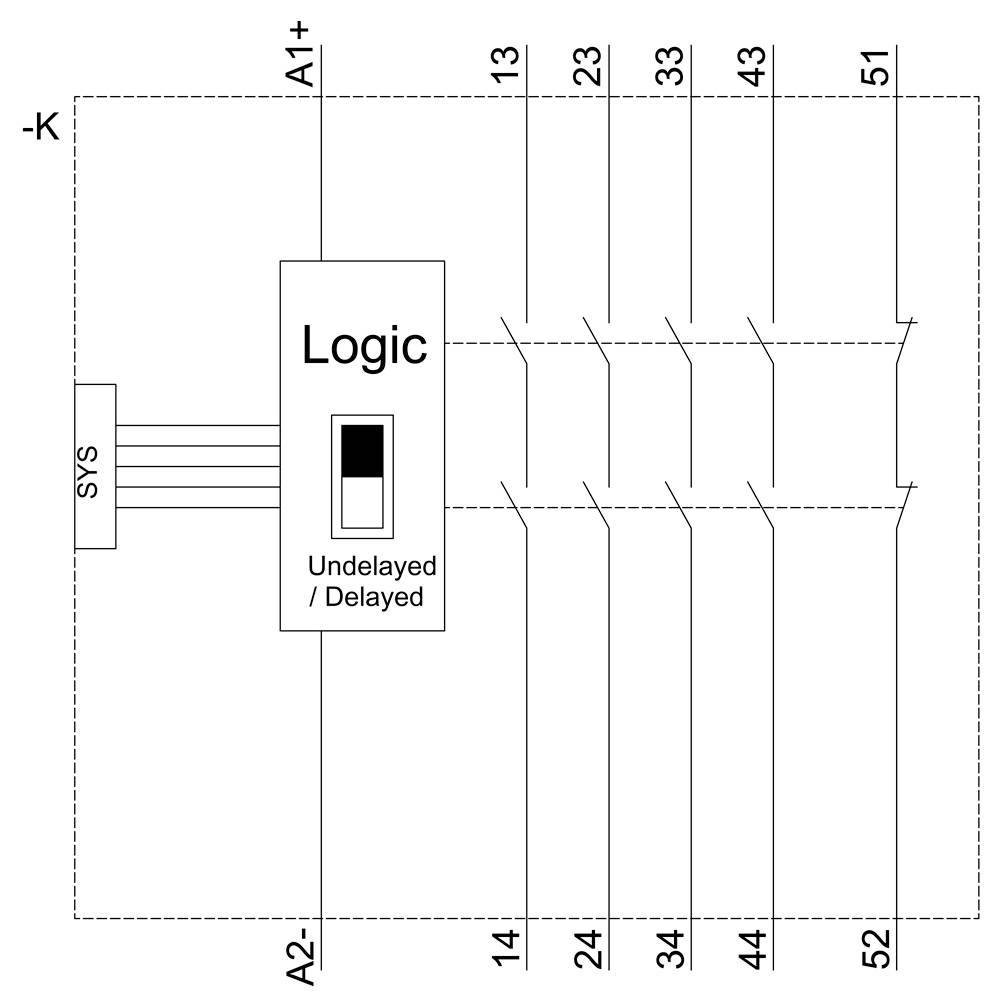 'Schaltkreisdiagramm mit Logikeinheit. Eingänge A1+ und A2-, Ausgänge 13 bis 52. Umgeschaltet zwischen 'Undelayed' und 'Delayed'.'