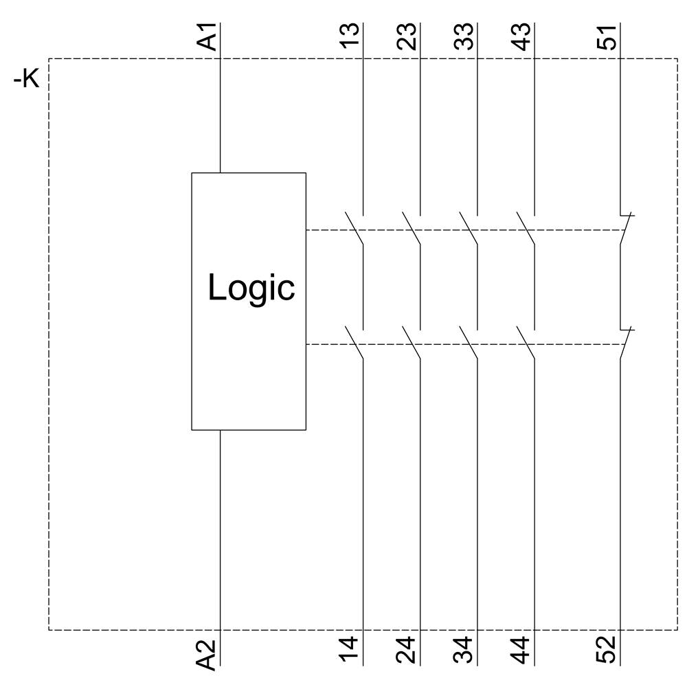 Elektrisches Schaltbild mit einer logischen Einheit 'Logic' verbunden durch Leitungen A1, A2 und 13-14, 23-24, 33-34, 43-44, 51-52.