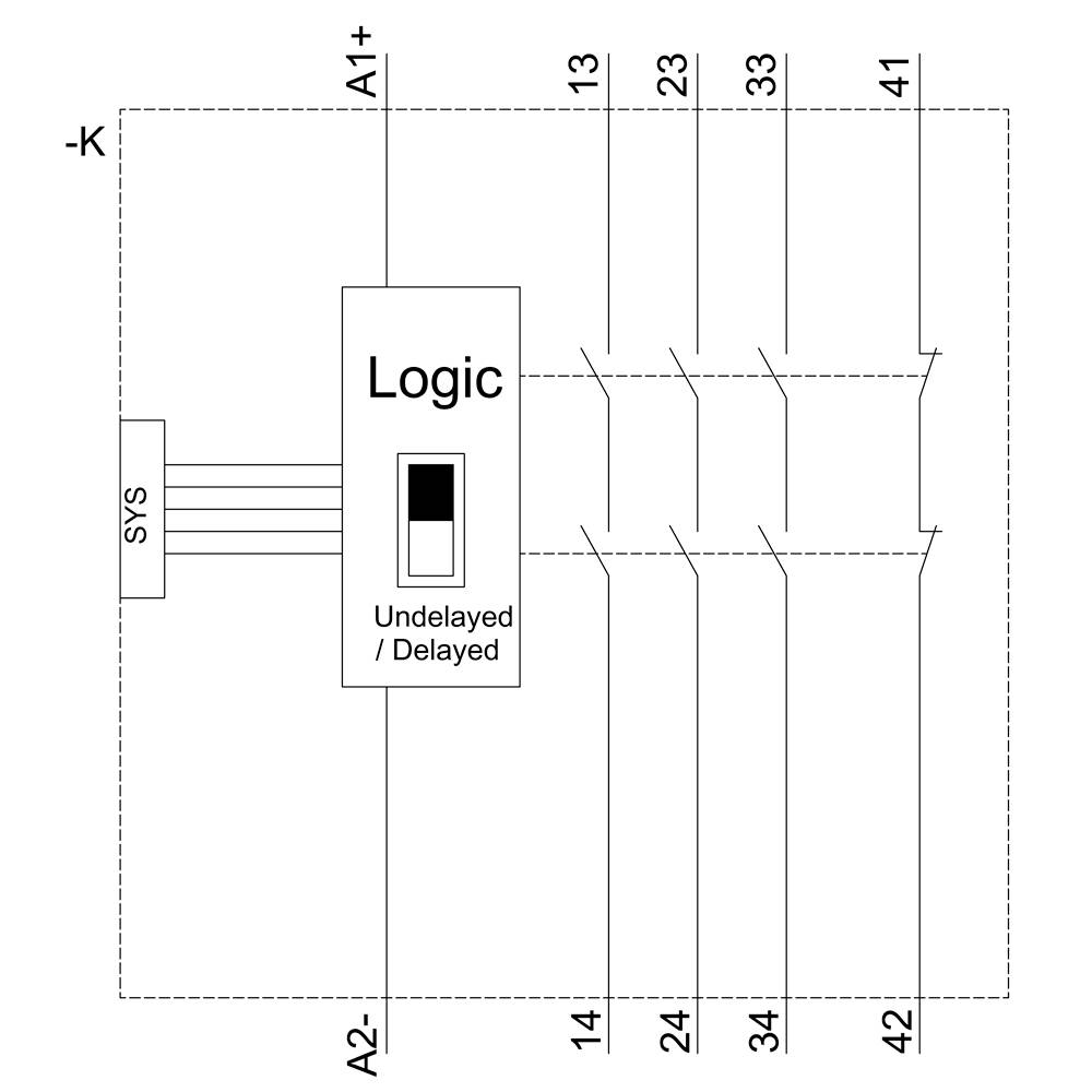 Schaltskizze eines Logiksystems mit verzögerter oder unverzögerter Entscheidung. Zeigt Verbindungen zu mehreren nummerierten Kanälen.