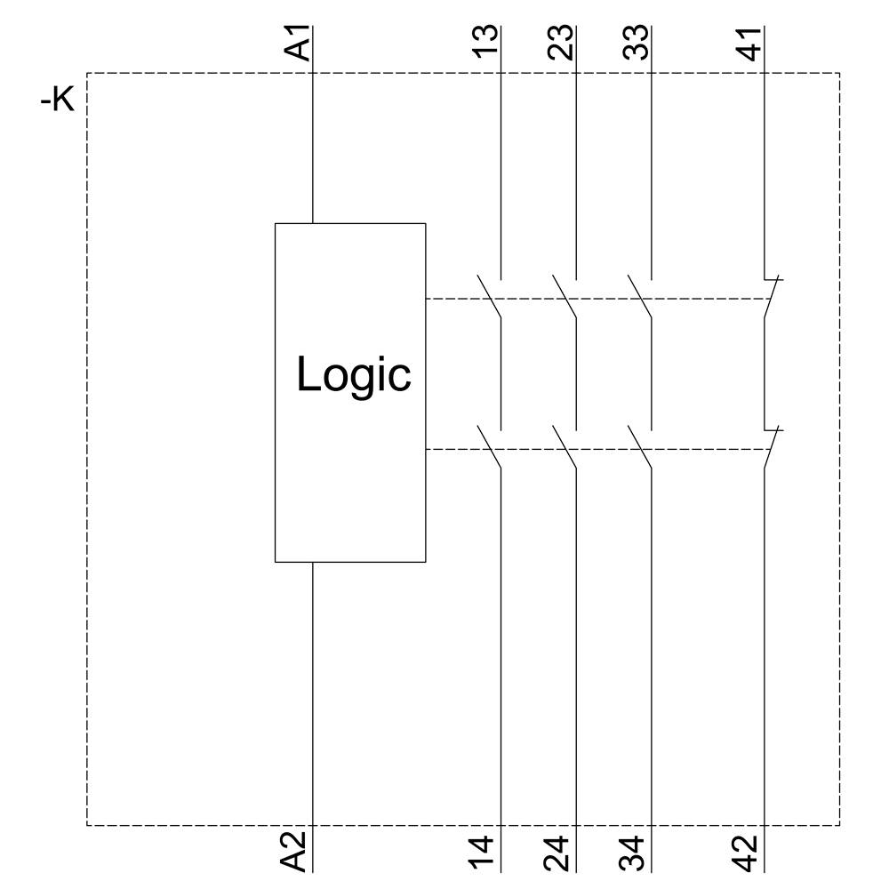 Schaltplan eines Logiksystems: Eingänge A1, A2; Ausgänge 13, 23, 33, 41, 14, 24, 34, 42; verbunden durch Logikgatter.