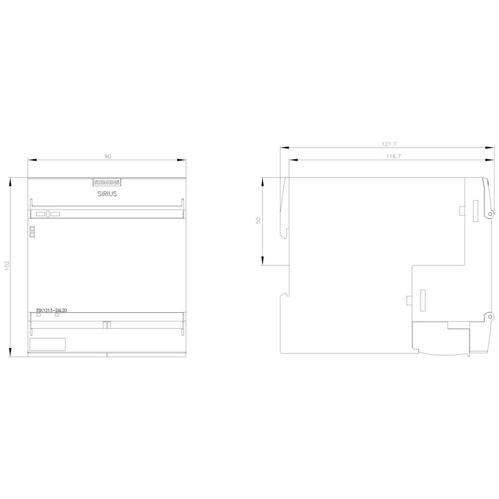 Diagramm eines rechteckigen Geräts mit Maßen. Links zeigt die Vorderansicht, rechts die Seitenansicht. Dimensionen sind angegeben.