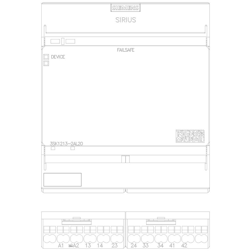 'Siemens Sirius' Gerätediagramm: Ansicht von vorne mit Anschlusspunkten und Gerätenummer '3SK1213-2AL20'. Enthält Failsafe- und Geräteanzeigen.