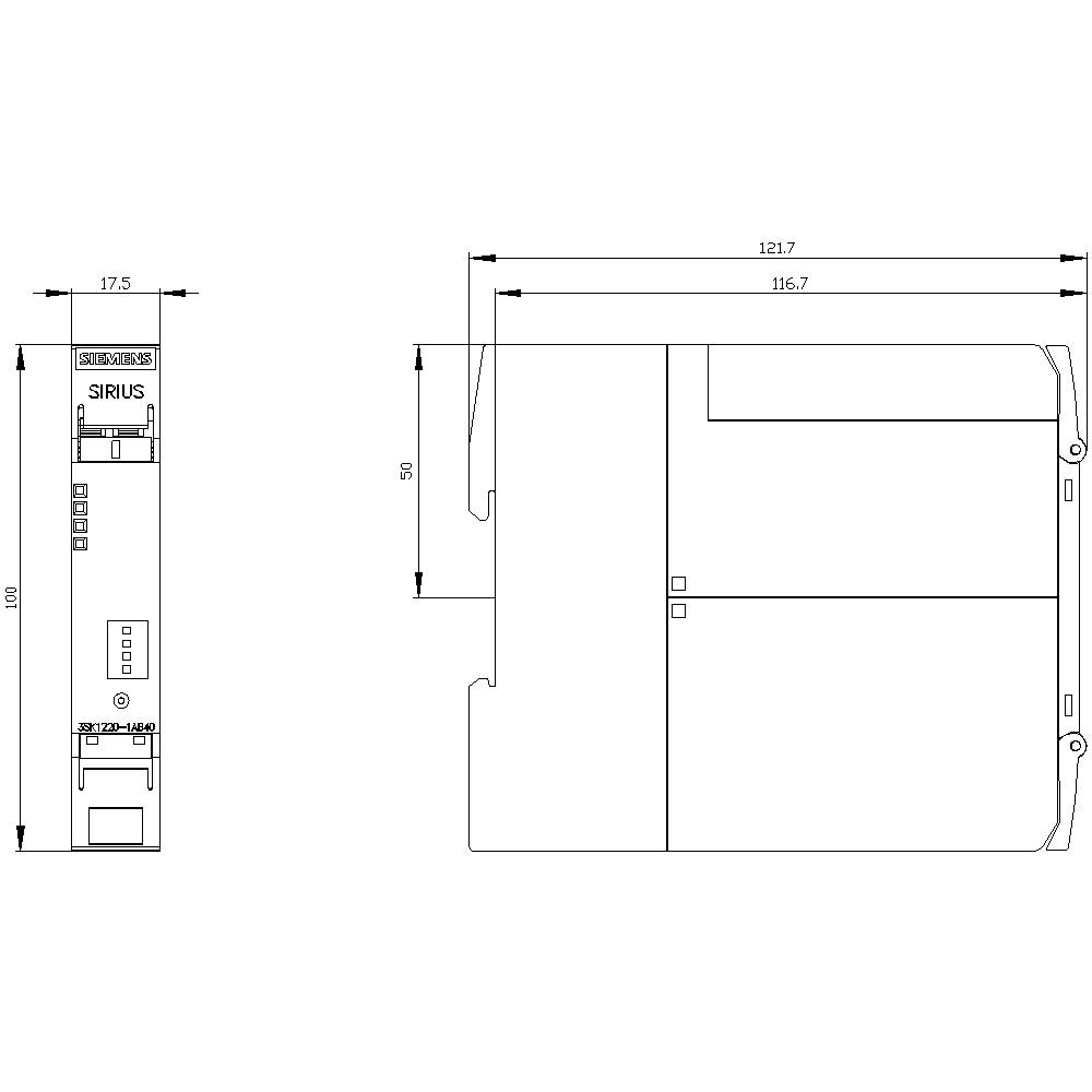 Technische Zeichnung eines SIRIUS-Geräts. Links Seitenansicht mit Höhe 100 mm und Breite 17,5 mm. Rechts Vorderansicht mit Breite 121,7 mm und Höhe 50 mm.