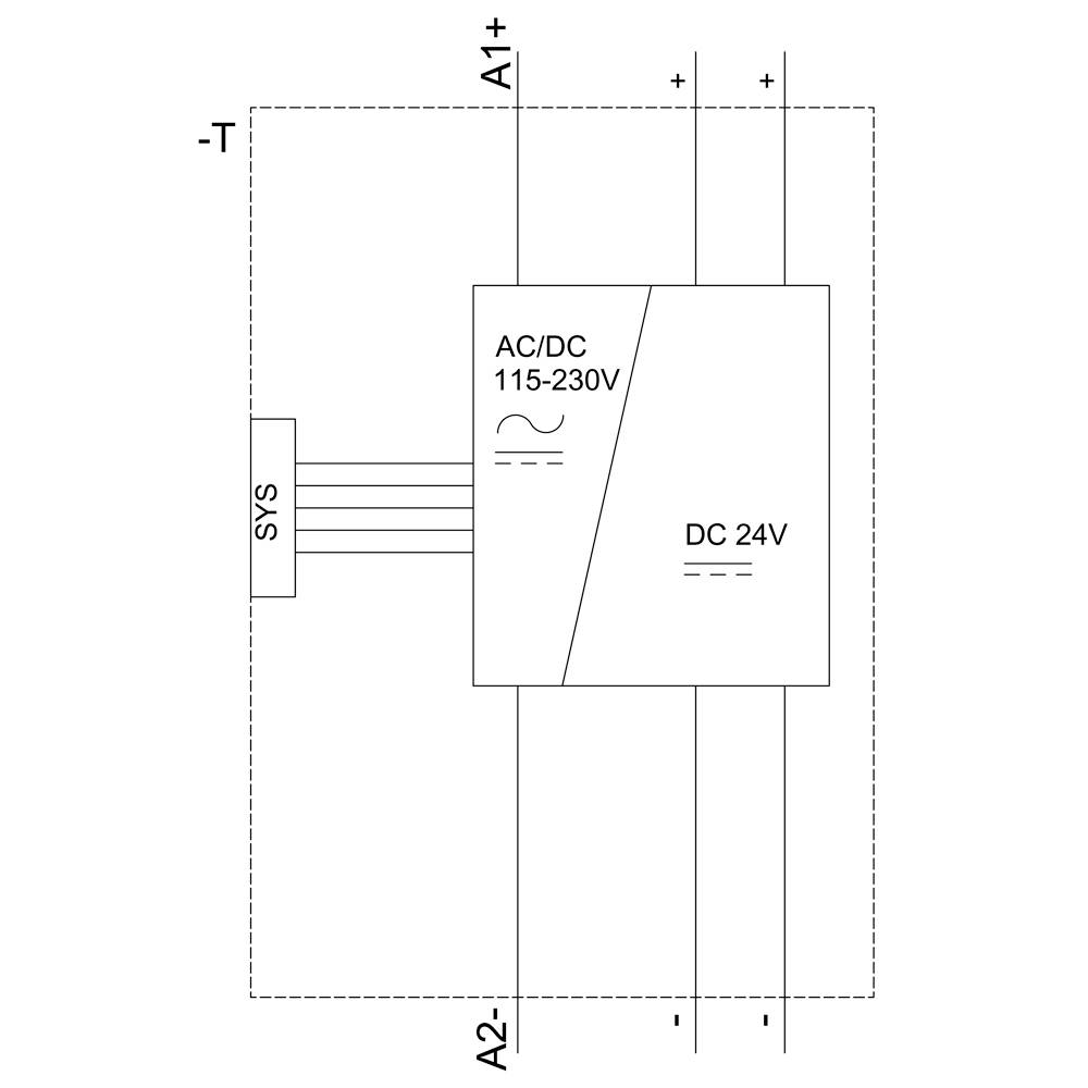 Schaltplan eines AC/DC-Wandlers: Eingangsspannung 115-230V AC/DC, Ausgang 24V DC, zeigt System- und Steuerleitungsverbindungen.