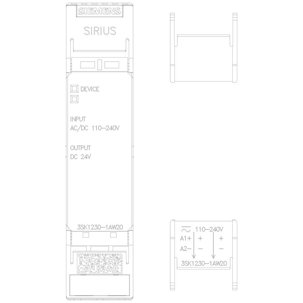 'SIEMENS SIRIUS' Schaltgerät-Diagramm mit Eingangsangabe 'AC/DC 110-240V' und Ausgang 'DC 24V'. Modellnummer: '3SK1230-1AW20'.