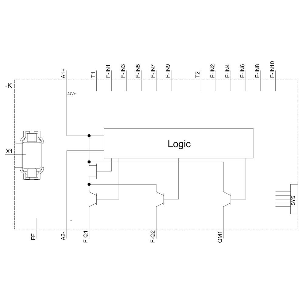 Schaltplan zeigt ein elektrisches Logikmodul mit Anschlüssen T1 bis T10, FIN1 bis FIN10, und Steuerleitungen A1+, A2-, FE, Q1, Q2.