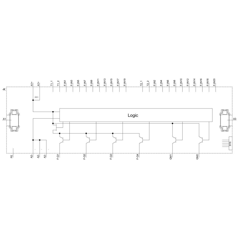 Elektrischer Schaltplan eines Logiksystems mit Eingang X1 und Ausgängen Y1 bis Y6. Symbole repräsentieren logische Verbindungen.