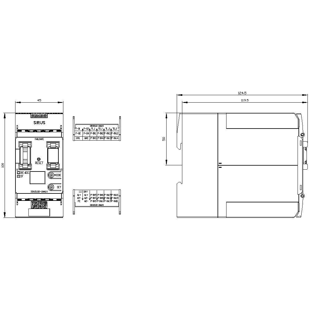 Technische Zeichnung eines elektronischen Geräts. Zeigt Vorder- und Seitenansicht mit detaillierten Maßen und Anschlussplänen.