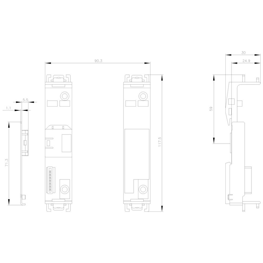 Technische Zeichnung eines rechteckigen elektronischen Gerätes mit Maßen: Höhe 117,5 mm, Breite 24,9 mm, Tiefe 90,5 mm. Seiten- und Frontansicht gezeigt.