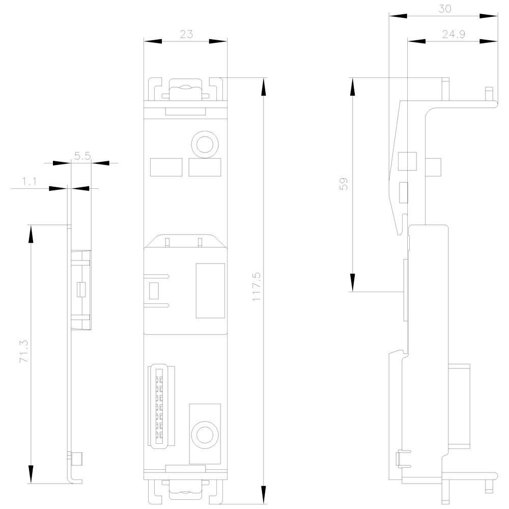 Technische Zeichnung eines elektronischen Moduls mit Abmessungen: Höhe 117,5 mm, Breite 23 mm, Tiefe 71,3 mm.
