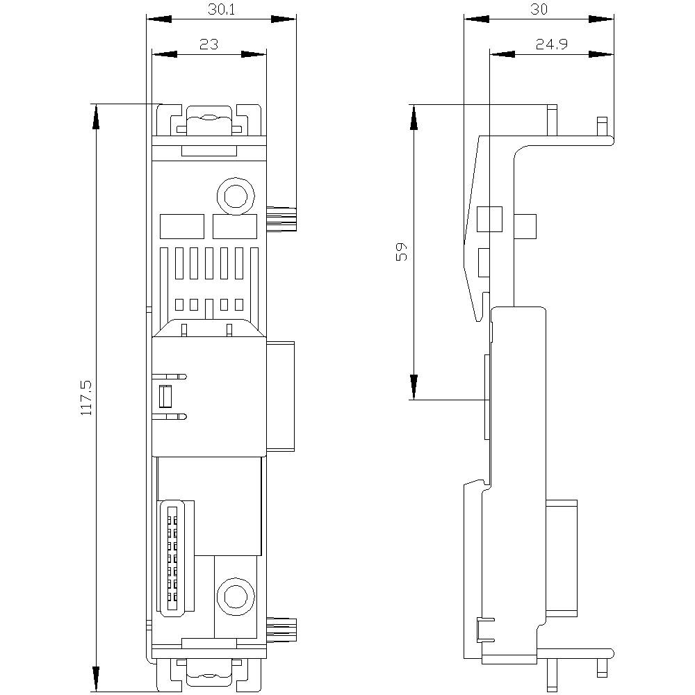 Technische Zeichnung eines elektronischen Bauteils mit Abmessungen: 30x117,5mm in der Draufsicht und 59mm in der Seitenansicht.