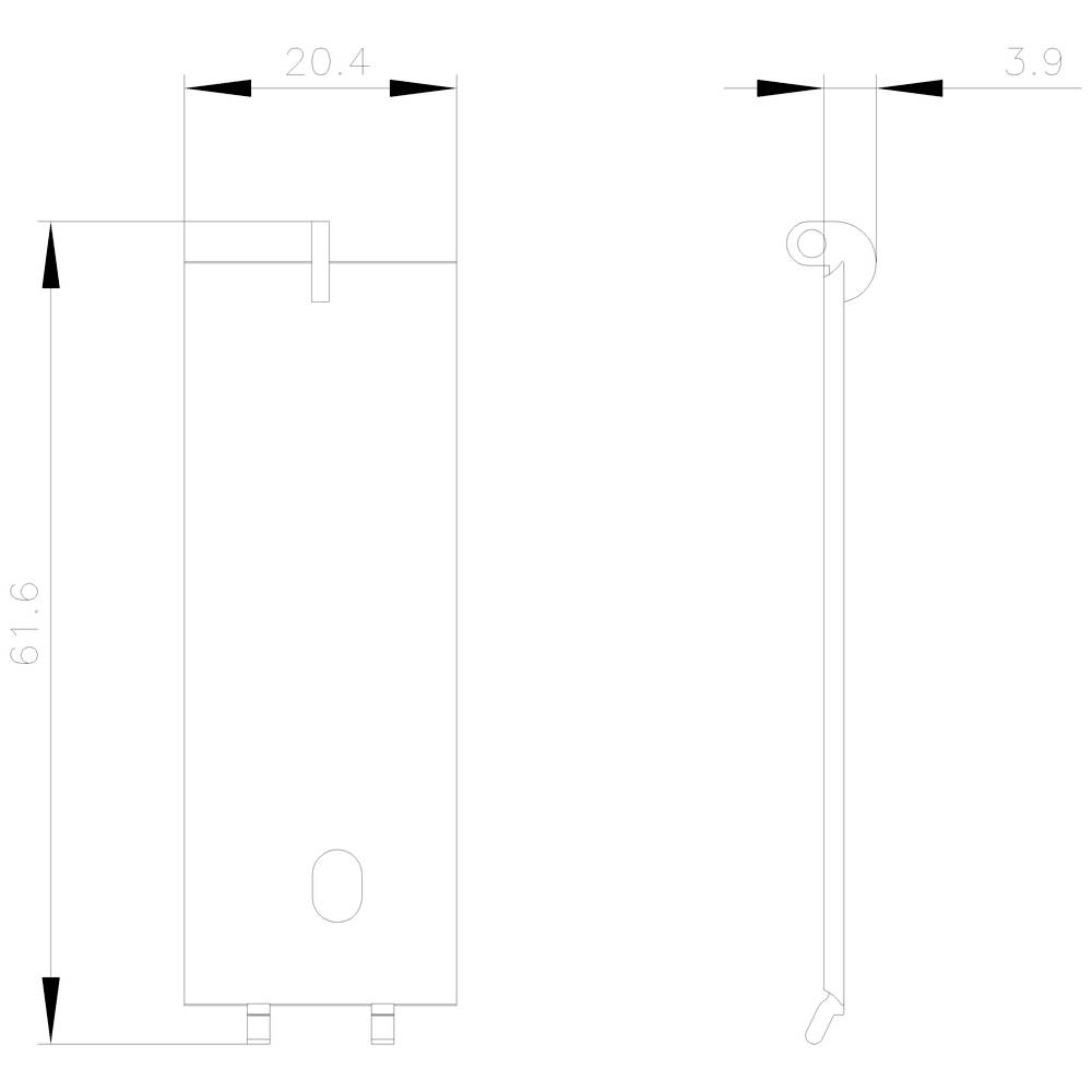 Technische Zeichnung eines rectangularen Tanks mit Maßen: Höhe 61,6, Breite 20,4, Haken rechts, Breite 3,9.