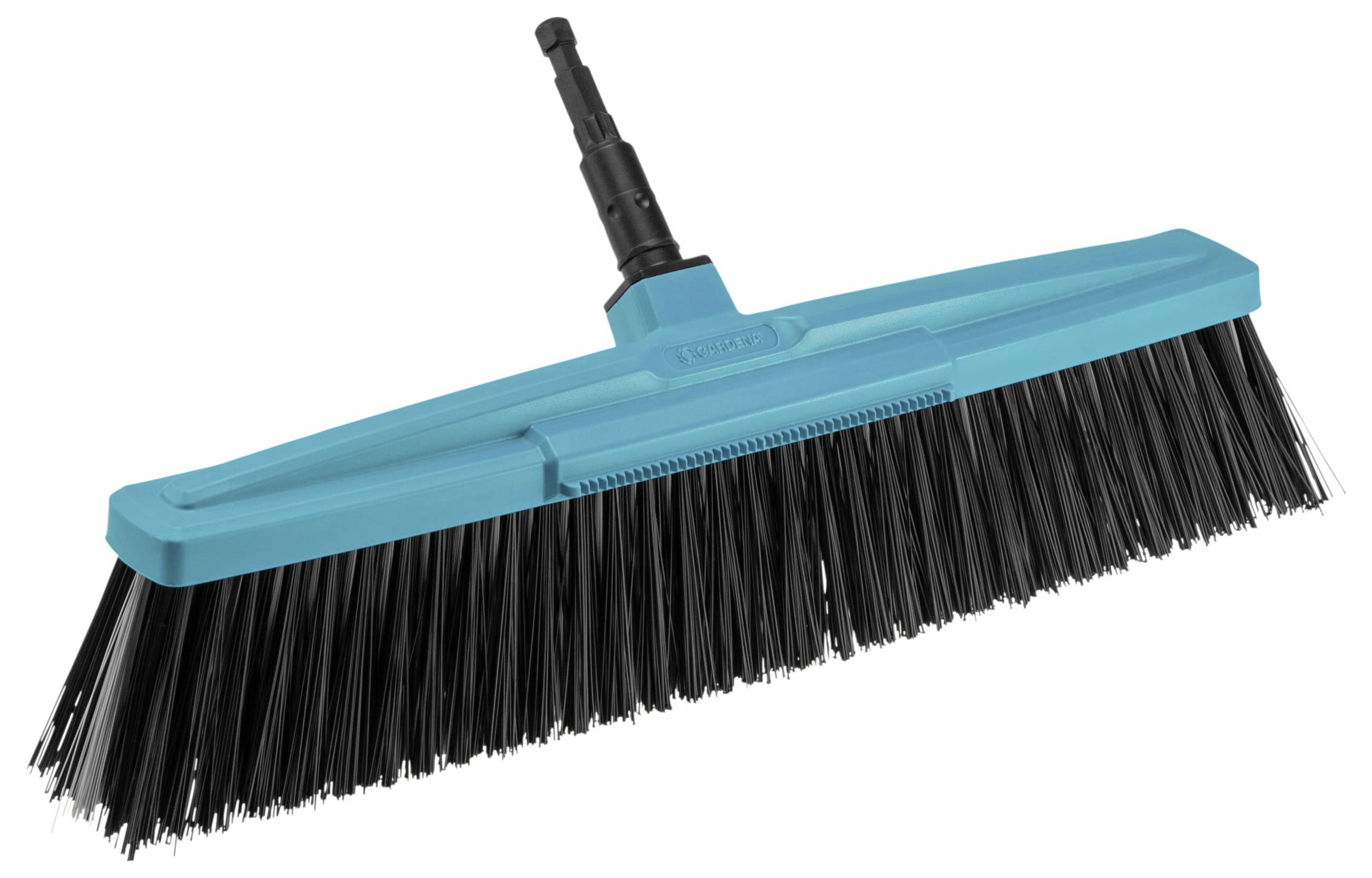 Ein blauer Kehrbesen mit schwarzen Borsten, schräg von oben zu sehen.