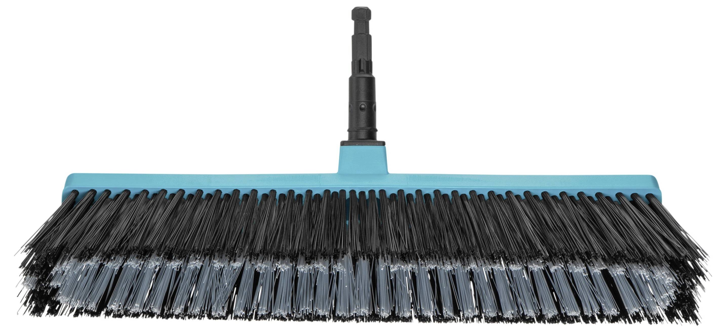 Ein blauer Besenaufsatz mit schwarzen Borsten, geeignet für groben Schmutz im Innen- und Außenbereich.